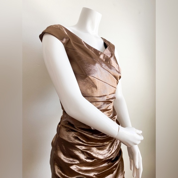 JAX Brown Gold Shimmer Ruched Draped Formal Retro Vtg Dress Y2K Metallic Satin 8 - Picture 5 of 11